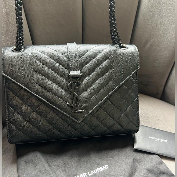 YSL Grain De Poudre Textured Mixed Matelasse Triquilt Monogram Bag Black - Picture 11 of 16